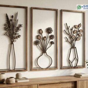Tríptico de Cuadros Botánicos con Jarrones y Flores Arte Mural Minimalista