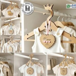 Pack de 10 Perchas Infantiles de Madera con Etiquetas Personalizables – Ganchos para Ropa de Bebé con Diseños Decorativos para Corte Láser CNC