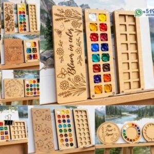 Pack de 10 Estuches Organizadores para Acuarelas – Mini Paletas de Pintura en Madera con Compartimentos y Diseños Grabados CNC