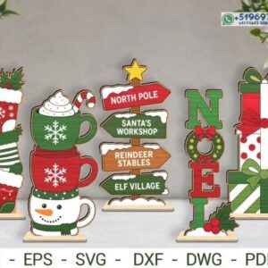 Pack de Adornos Navideños 3D para Estanterías – Regalos, Tazas, Calcetines y Señal del Polo Norte