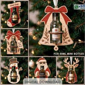 Pack de 10 Portabotellas Navideños para Mini Licores de 50 ml – Adornos Colgantes de Madera para Corte Láser CNC
