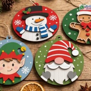Pack de 4 Adornos Navideños Circulares Muñeco de Nieve, Duende, Gnomo y Galleta de Jengibre