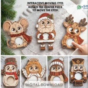 Pack de 10 Personajes Navideños con Ojos Móviles – Juguetes Interactivos de Madera con Mecanismo Giratorio