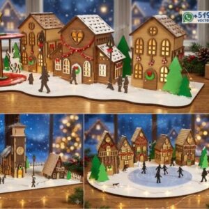 Aldea Navideña 3D Iluminada – Pueblo Invernal con Casas, Torre y Pista de Hielo