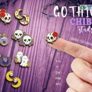 Pendientes de Botón Góticos Kawaii para Halloween – Calaveras, Fantasmas y Lunas Chibi