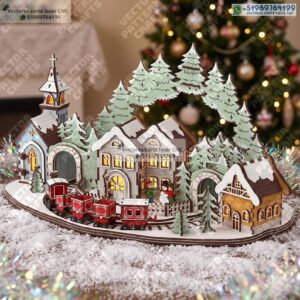 Maqueta Pueblo Navideño 3D con Tren, Iglesia y Casas Iluminadas
