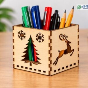 Portalápices Navideño de Madera con Árbol y Reno – Organizador de Escritorio Ensamblable para Corte Láser CNC