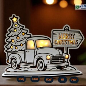 Camioneta Navideña Vintage con Árbol de Navidad y Luz LED
