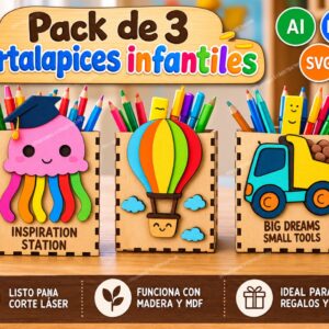 Pack de 3 Portalápices Infantiles de Madera con Figuras 3D – Medusa, Globo Aerostático y Camión Volquete para Corte Láser CNC