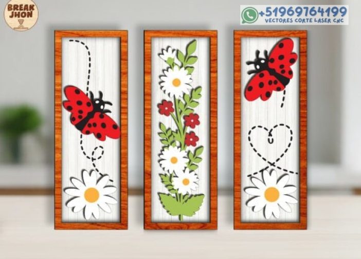 3 cuadros verticales de mariquita Para mas Vectores Whatsapp 51969764199