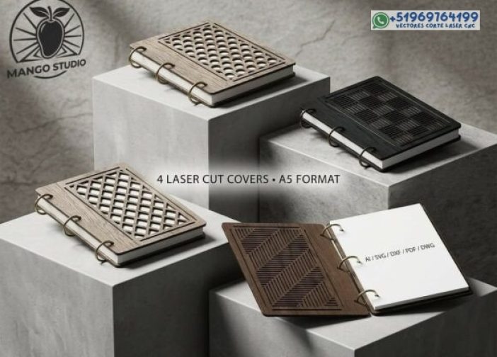 4 fundas para cuadernos de madera A5 cortadas con láser