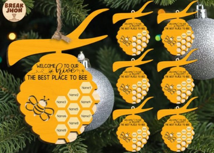 Adorno colgante familiar de colmena navideña personalizado