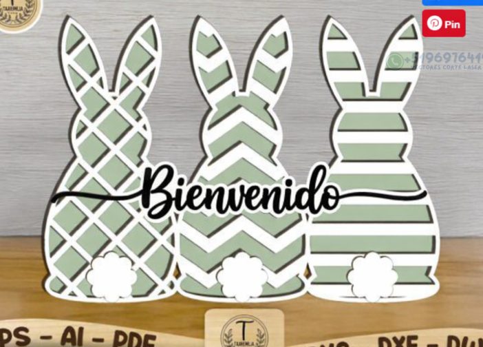 Adorno de 3 conejos de bienvenida pascua español