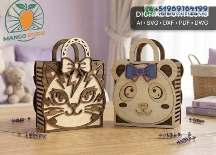 Caja de regalo infantil con diseño de gato y panda Para mas Vectores Whatsapp 51969764199