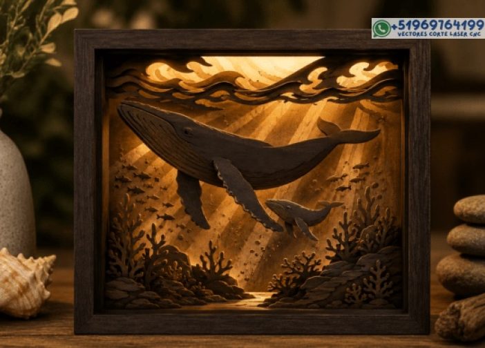 Caja de sombras cortada con láser de ballena y cría