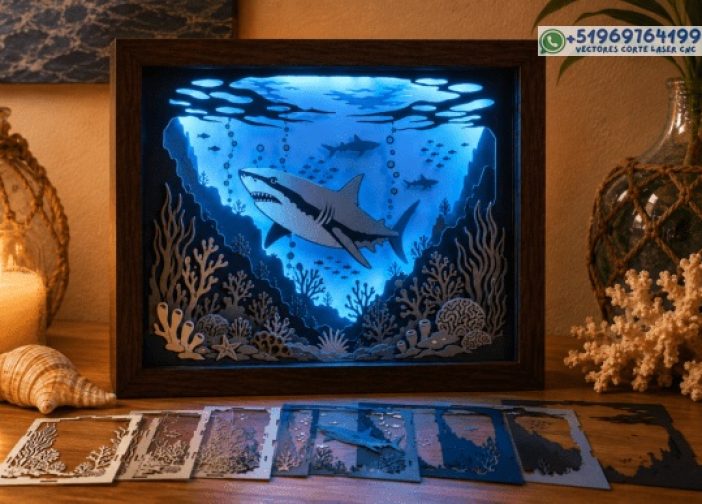 Caja de sombras cortada con láser de tiburón