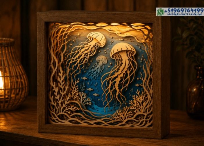 Caja de sombras cortadas con láser de medusas