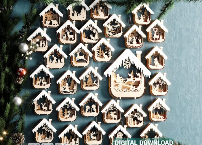 Conjunto de adornos navideños 3D con forma de casa