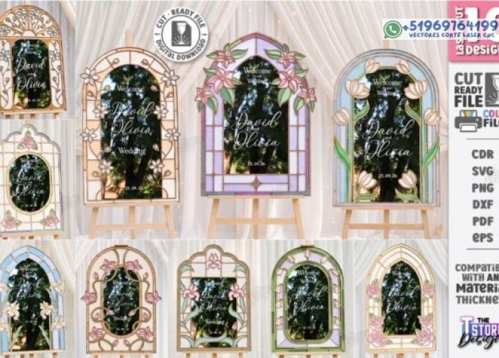Conjunto de carteles de bienvenida de boda con vidrieras