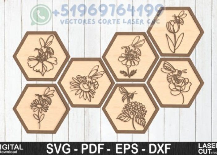 Cuadro hexagonal de abeja y flores