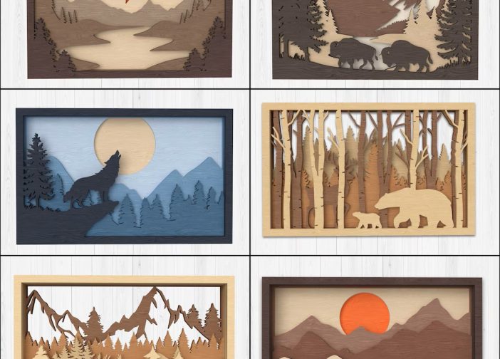 Cuadros en capa 8 diseños de bosques montañas multicapa