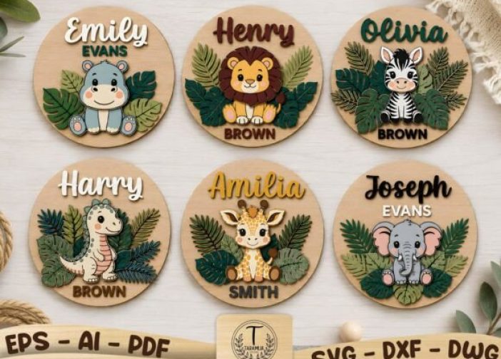 Cuadros redondo con nombres de animales de safari