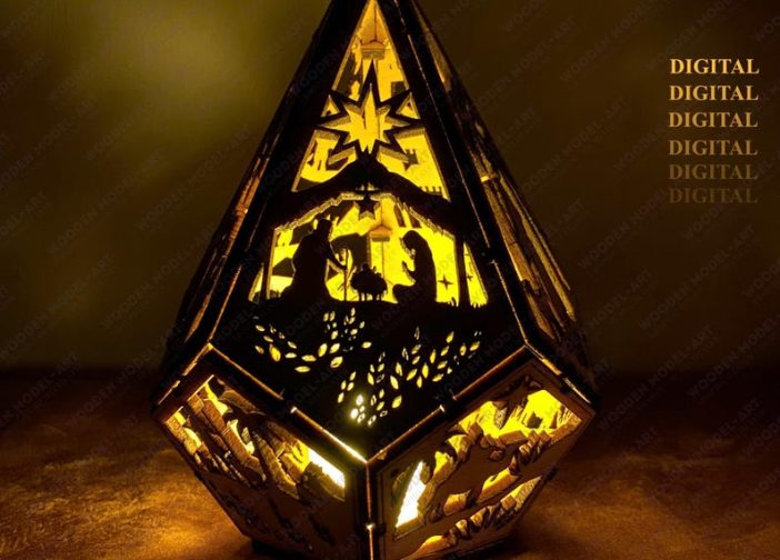 Escena navideña con farolillo pentagonal