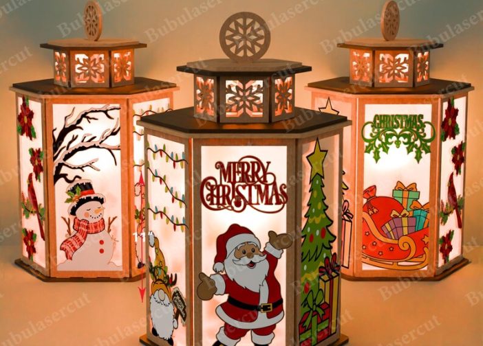 Farol navideño escena de papanoel y luces festivas