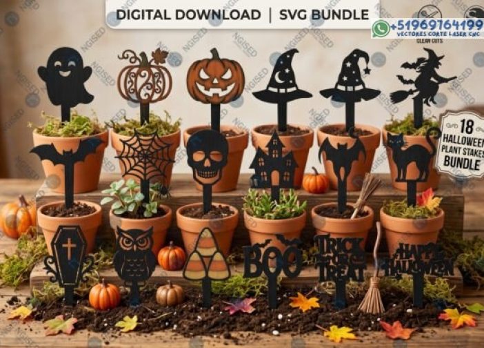 Juego SVG de estacas de plantas de Halloween cortadas con láser