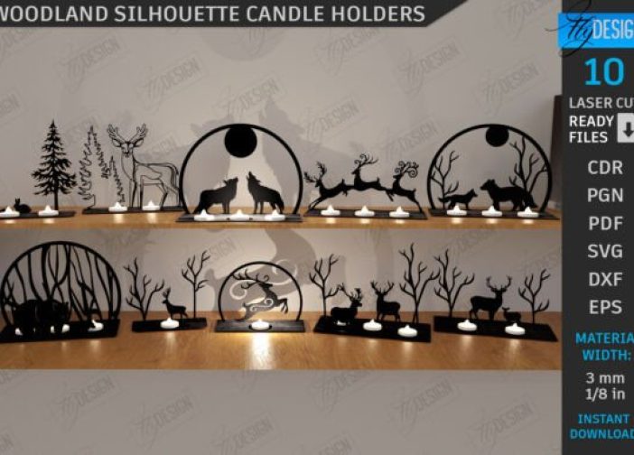Juego de candelabros con silueta de bosque