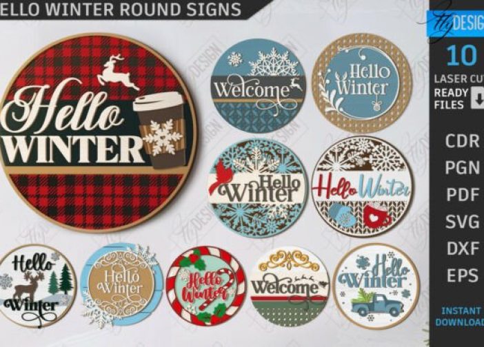 Juego de letreros redondos cortados con láser Hola Invierno
