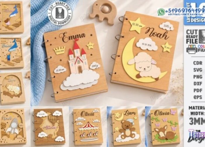 Juego de portadas para álbumes de fotos de bebés en 3D cortadas con láser