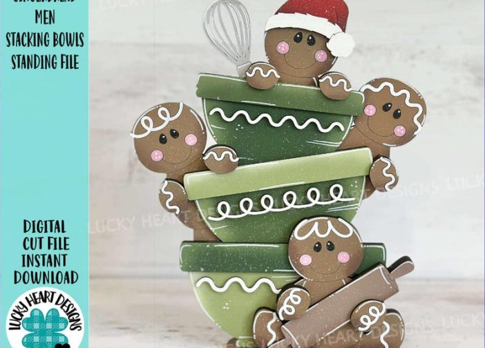 Letrero de pie con cuencos apilables de hombrecitos de jengibre