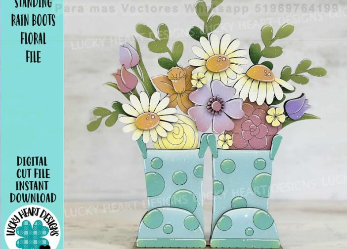 Letrero floral con botas de lluvia de pie