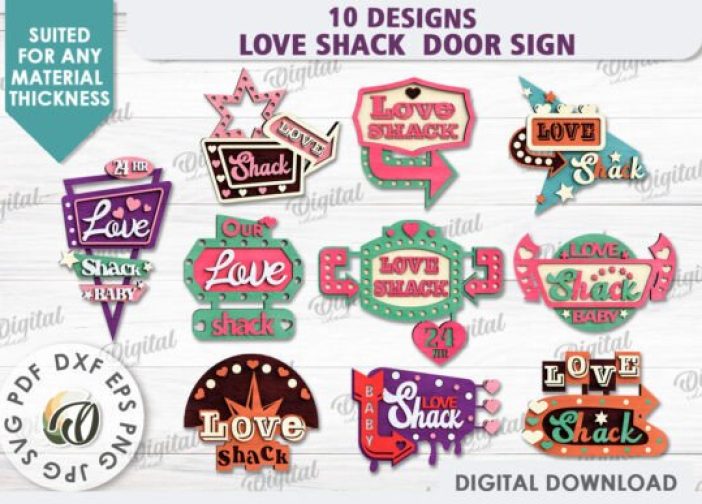 Pack de 10 Diseños de Letreros Love Shack para Corte Láser