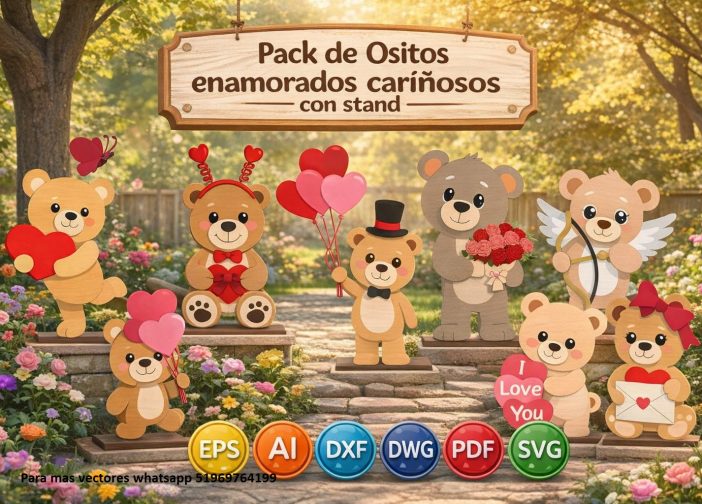 Pack de Ositos enamorados cariñosos con stand