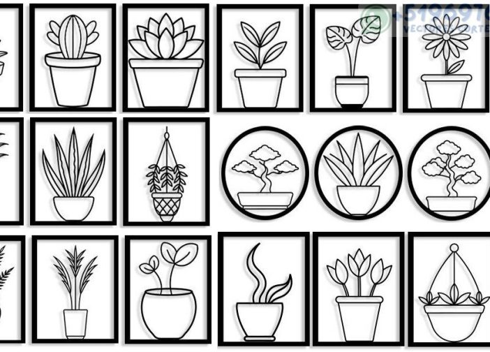 Pack de cuadros de macetas plantas line art