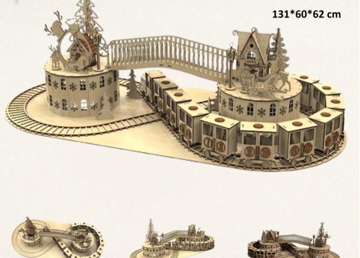 Paisaje de pueblo con tren calendario de adviento navideño