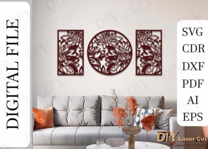 Panel de 3 piezas cortado con láser de arte de pared de peonía