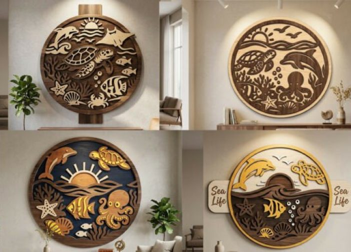 Paquete SVG de arte de pared de vida marina cortado con láser