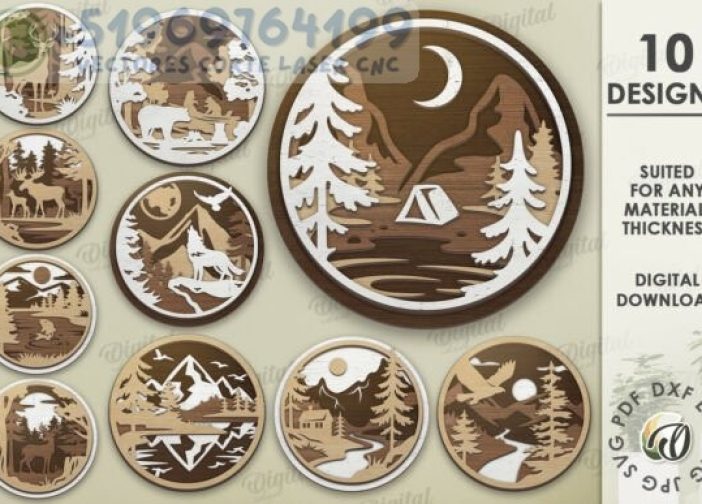 Paquete cuadros redondos sobre bosque camping