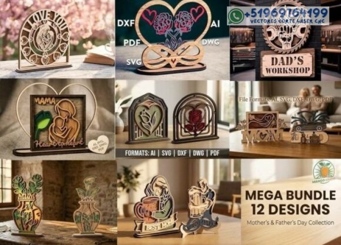 Paquete de 12 archivos SVG en capas para el Día de la Madre y del Padre Para mas Vectores Whatsapp 51969764199