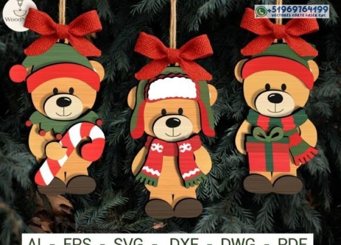 Paquete de adorno de oso navideño cortado con láser