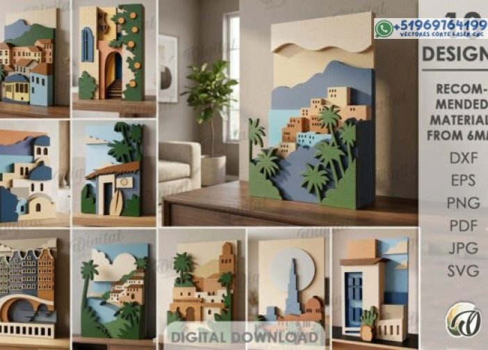 Paquete de arte de pared de paisaje urbano en 3D cortado con láser