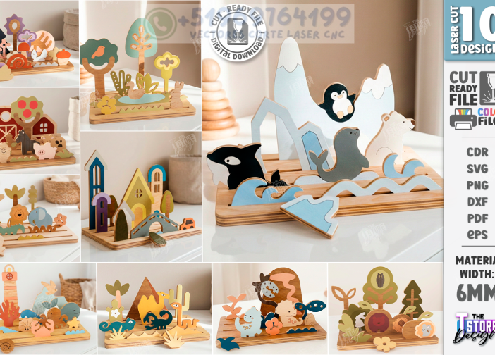 Paquete de bloques de madera modulares cortados con láser