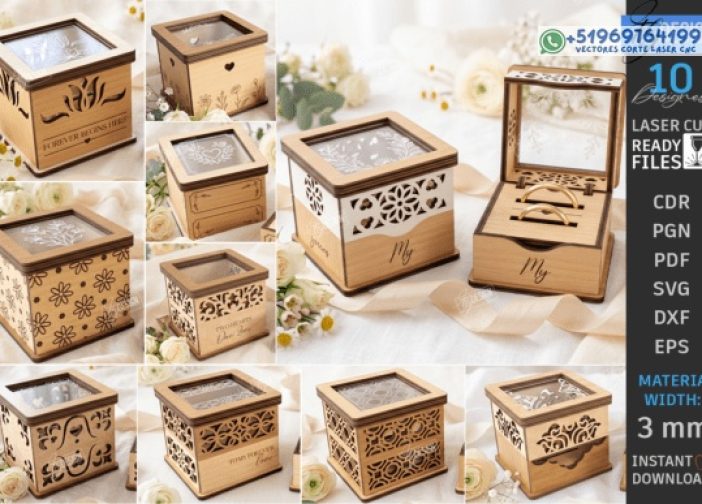 Paquete de caja de anillos 3D cortada con láser Boda