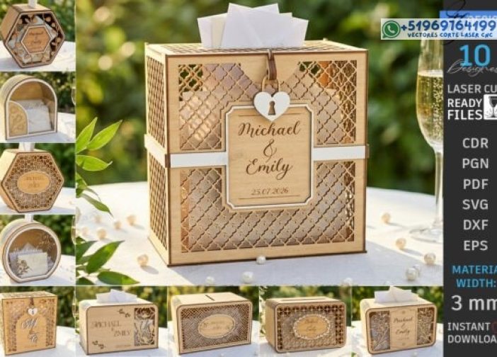 Paquete de caja de tarjetas de boda cortada con láser CNC
