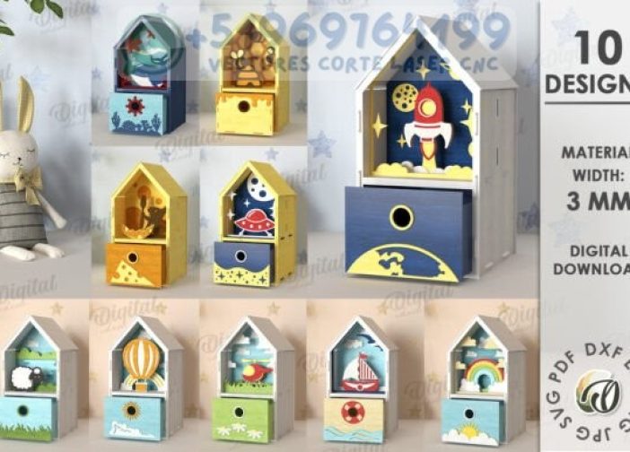 Paquete de cajas de casas con cajon para niños en 3D