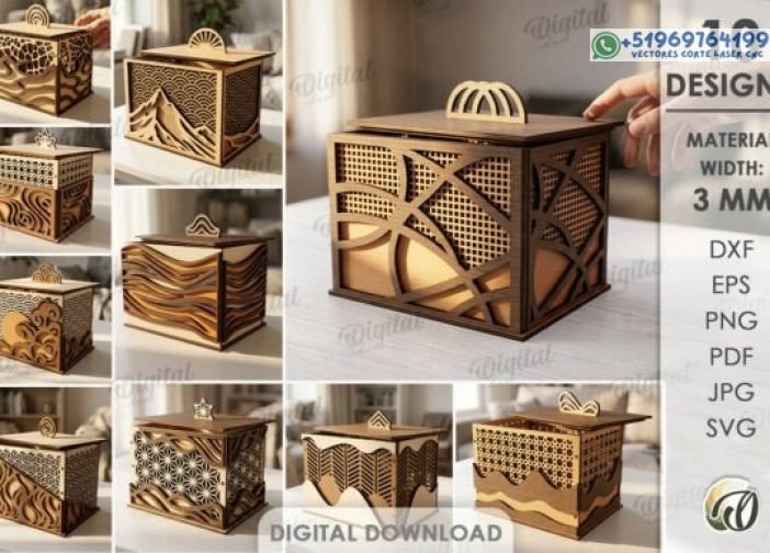 Paquete de cajas de madera en capas 3D cortadas con láser