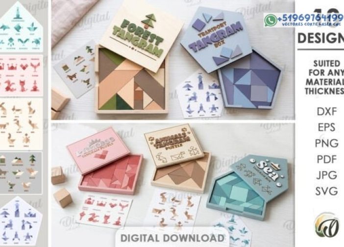 Paquete de cajas de rompecabezas Tangram cortadas con láser
